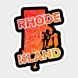 Colorful mandala art map of Rhode Island with text in red and orange Sticker